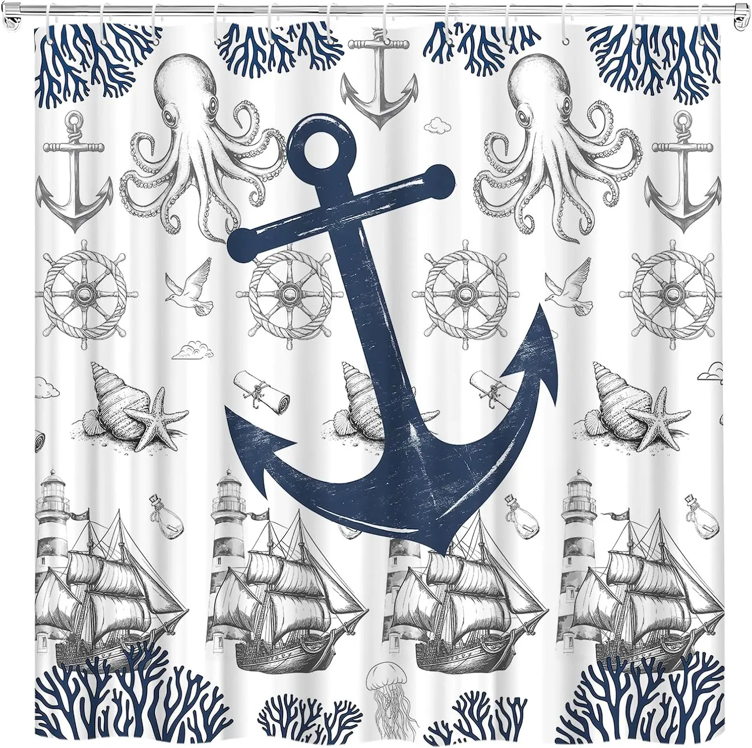 Anchor Shower Curtain Nautical Vintage Coastal Ocean Beach Adventure Navy Blue Sailboat Octopus Lighthouse Rudder Coral Marine