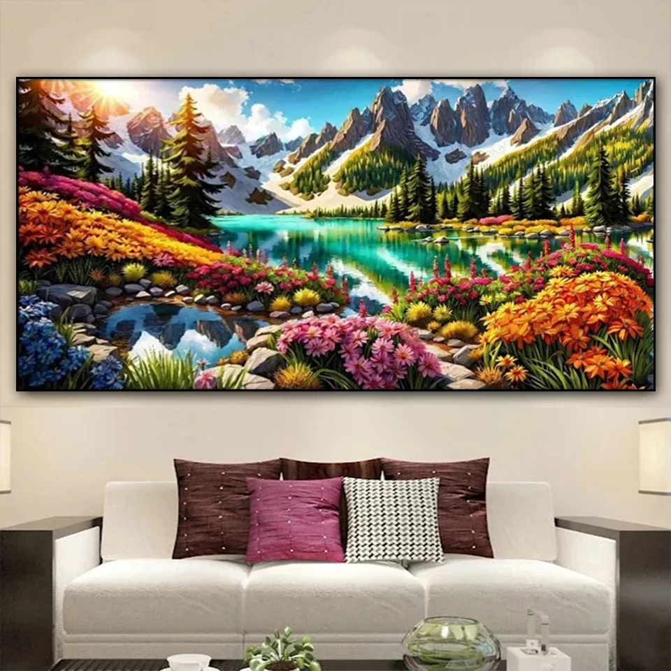 Snow Mountains and Spring Lake Flowers diamond Painting New 2024 DIY Mosaic Cross Stitch Kits Rhinestones Picture Art Home Decor