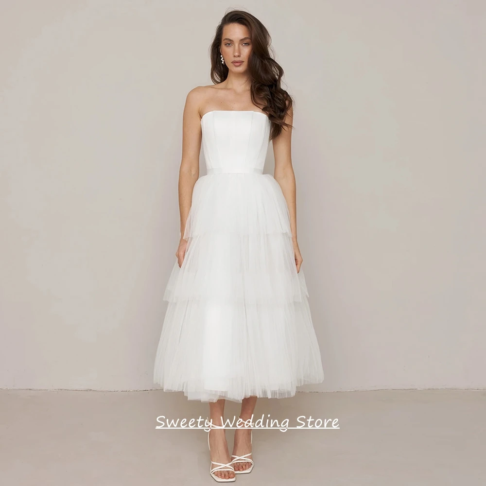

Customized Mid-calf Wedding Dress Elegant Strapless Sleeveless Pleat Tulle Tiered A Line Corset Bridal Gown with Bow