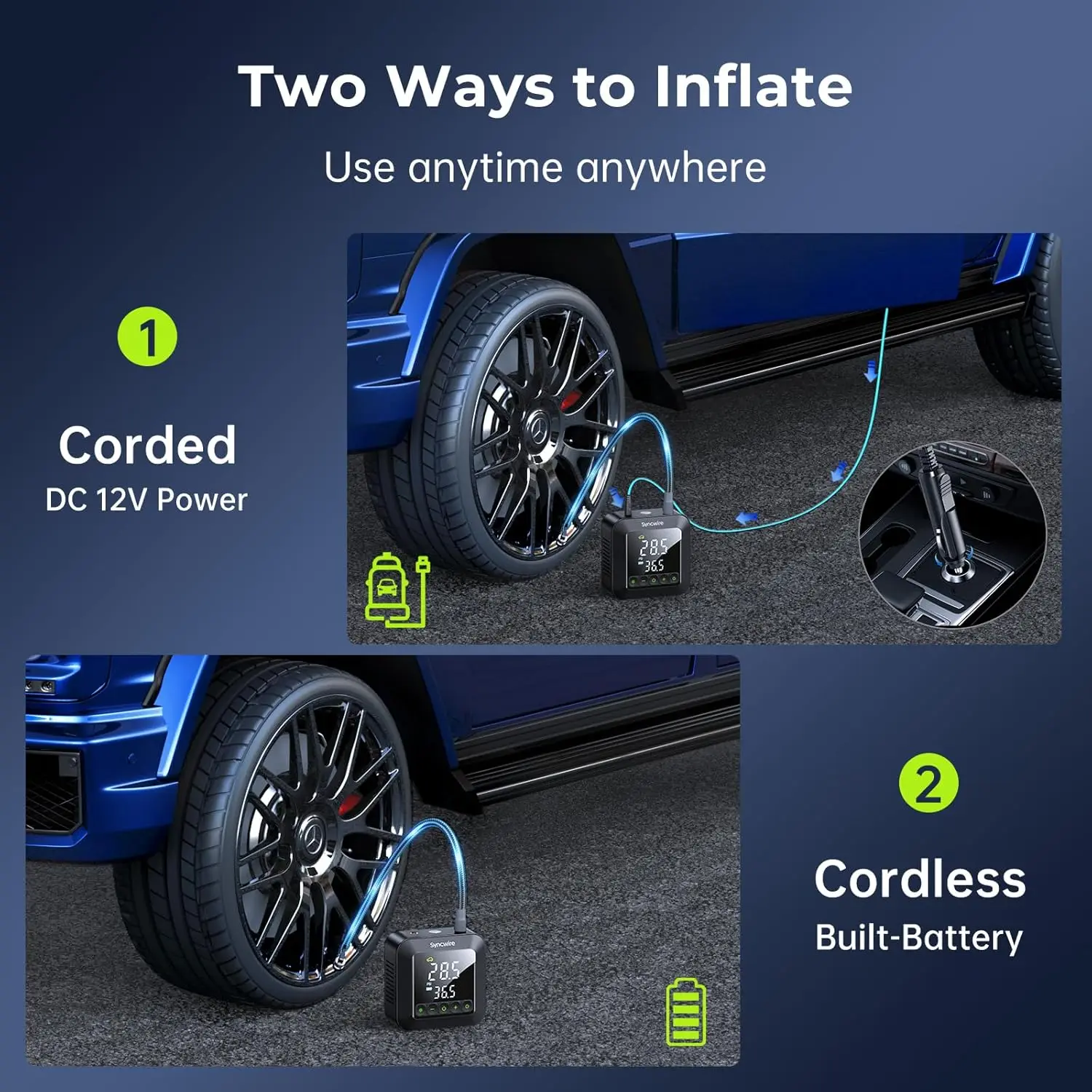 Bomba de ar elétrica portátil para inflador de pneus 150PSI com display LCD e desligamento automático – inflação 3X mais rápida