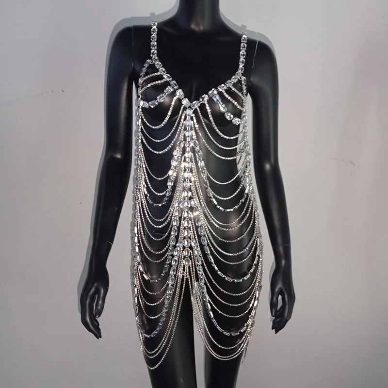 Vestido de cristal de lujo para mujer, minivestido de fiesta de cumpleaños con diamantes de imitación, piedras brillantes, cadena de Metal, joyería, disfraz para espectáculo en escena