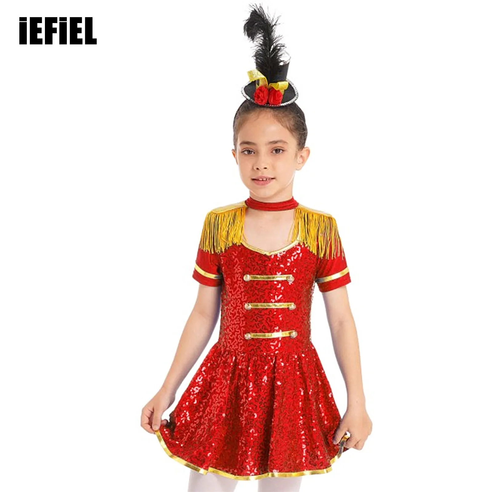 

Kids Girls Honor Guard Dress Halloween Cosplay Costumes Shiny Sequin Gold Tassel Epaulets Built-in Briefs Performance Costumes