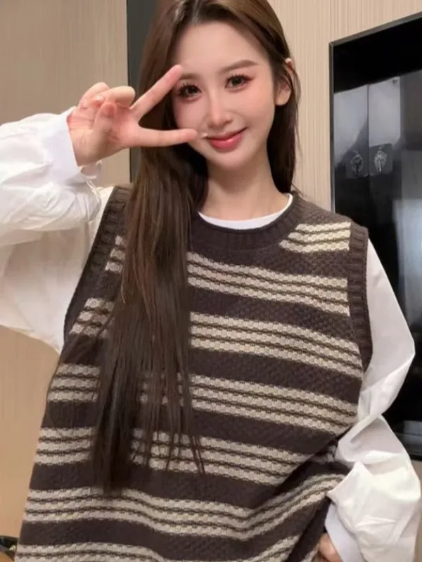 한국 슬레 소프트 스웨터 베스트 여성용 가을 겨울 이너웨어 스트라이프 니트 탑 편안하고 통기성 좋은 캐주얼