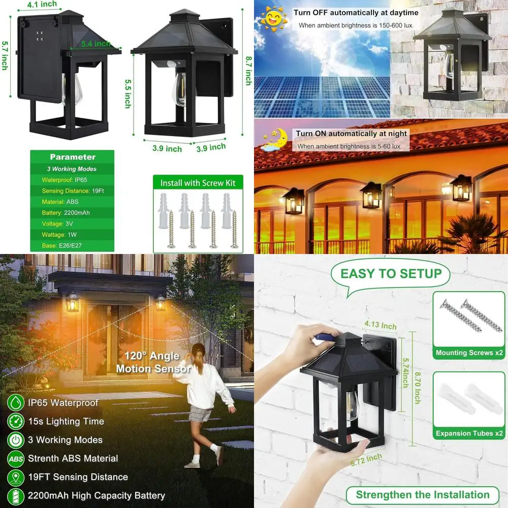 

Outdoor Solar Wall Lanterns with 3 Modes, Dusk to Dawn, Motion Sensor, IP65 Waterproof, for Front Porch, Patio, Fence, and Garag