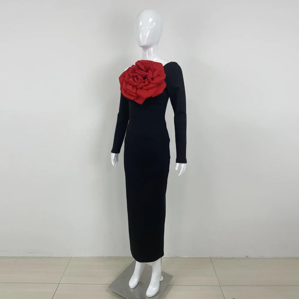 Abito lungo da donna a maniche lunghe con spalle scoperte sexy nero Abito elegante Abito da sera per celebrità Abito da ballo attillato con grande fiore rosso