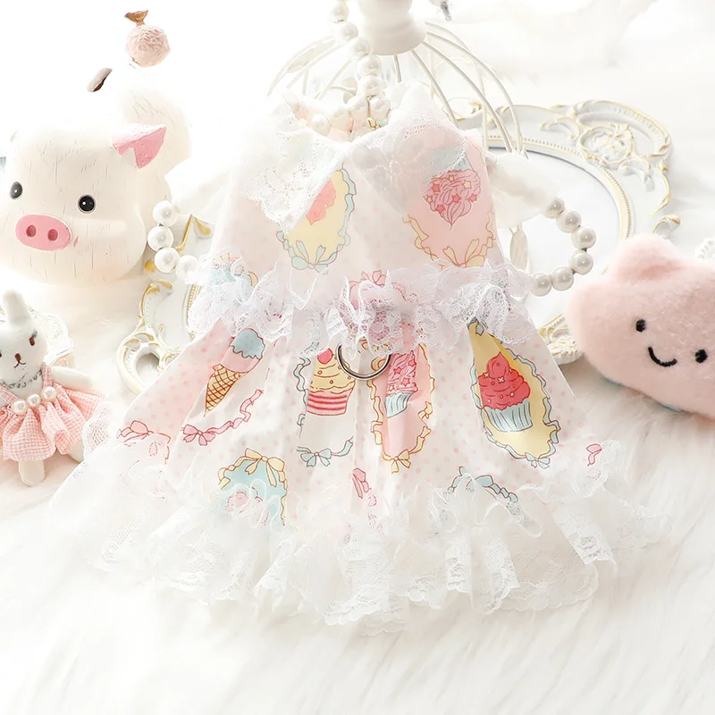Adorable Ice Cream Themed Dog Dress, Lightweight Summer Princess Pet Clothes with Lace Trim and Leash Opening for Small Breeds