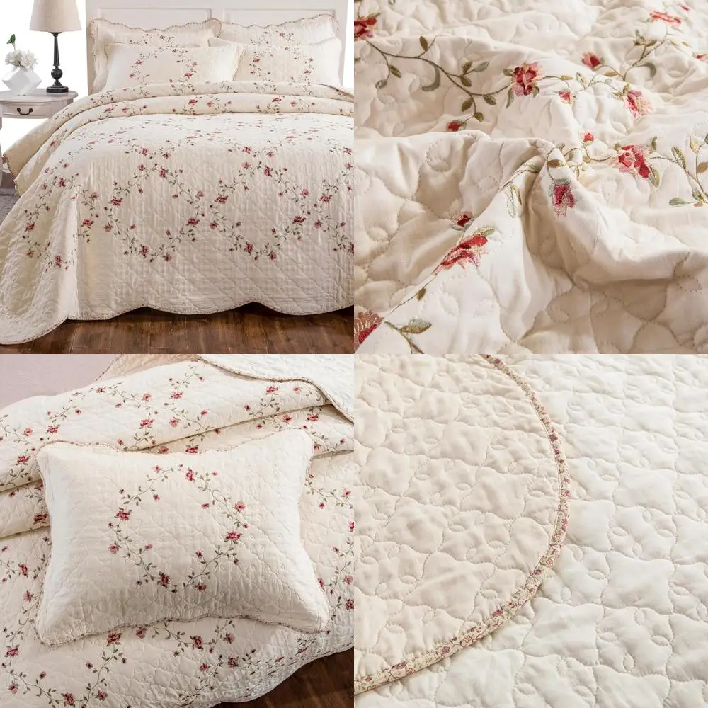 

Floral Leaves 3D Embroidered Cotton Reversible Quilt Set with Embroidered Decorative Bedspreads and Coverlet, 3 Piece