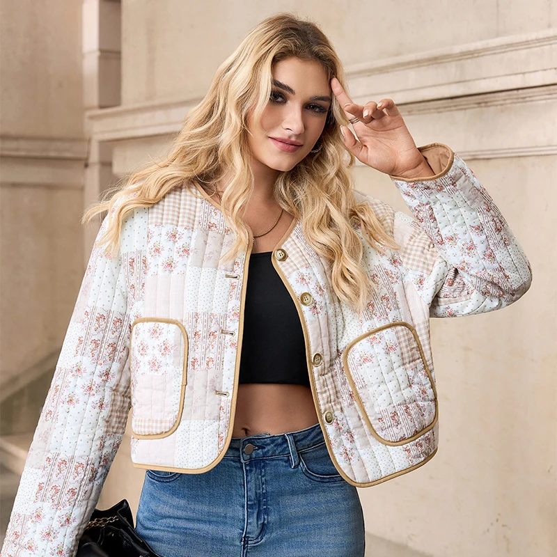 

Осенне-зимние женские стеганые куртки, новые однобортные ветрозащитные пальто с длинными рукавами и винтажным принтом и карманами с поясом