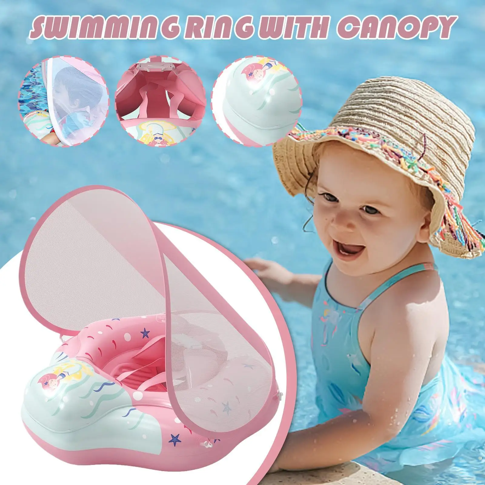 Baby Pool Float with Canopy Baby Pool Float with Canopy Sun Protection Adjustable Safety Seat Swimming Rings for Toddler Boys