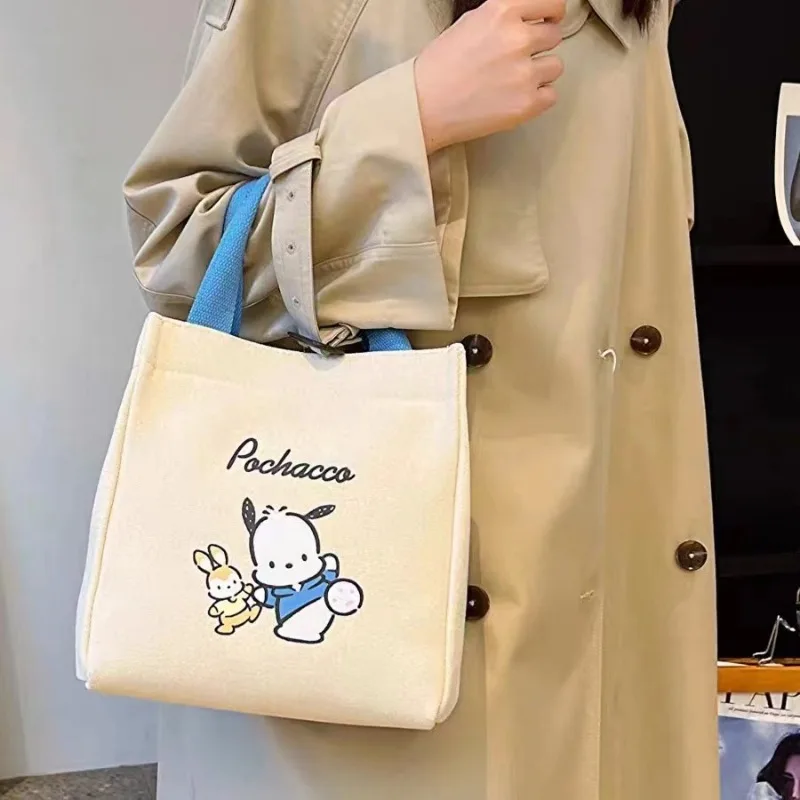 2024 New Sanrio Kitty Cute Canvas Bag Melody Office Fashion Women\'s Handbag Kuromi Handbag Lunch Box Pochacco Cosmetic Bag