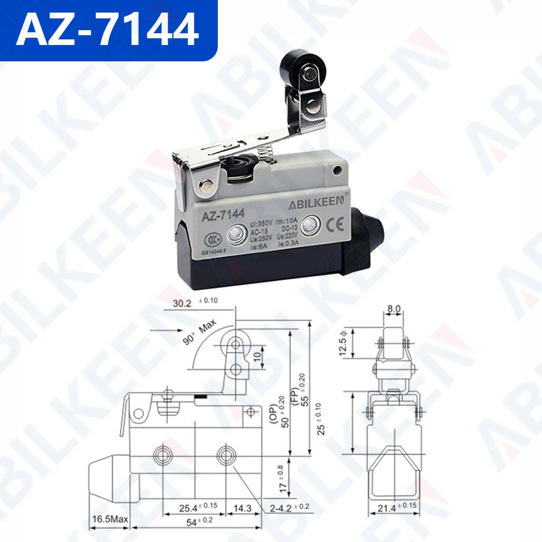 ABILKEEN AZ-7144 مفتاح صغير مقاوم للماء 1NO1NC 250 فولت 10A تحميل مفتاح حد صناعي صغير مع محطة 3Pin