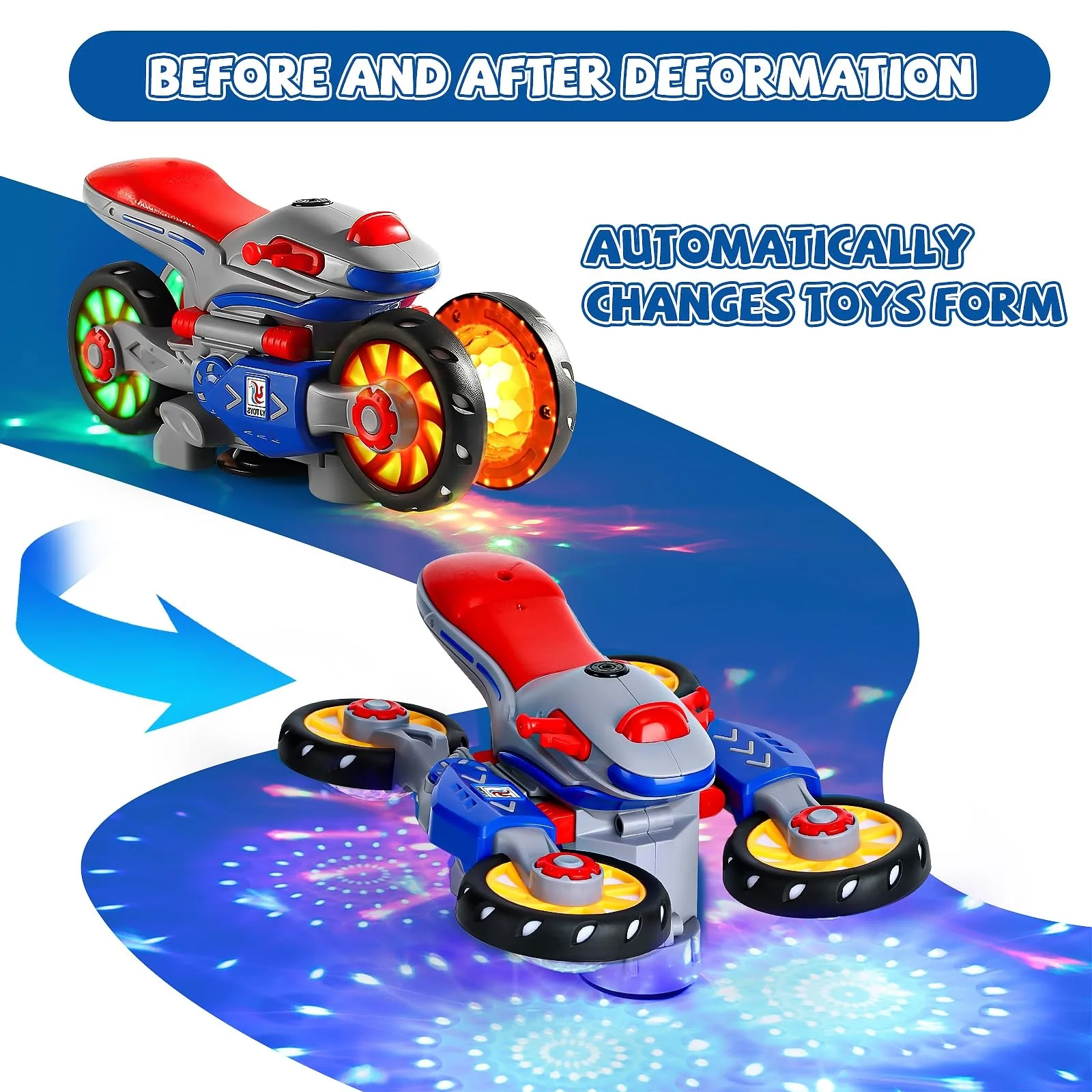 Transforming Motorcycle with LED Light Electric Motorcycle Music Toy for Toddler Kids Deformation Motorcycle 360° Spinning Stunt