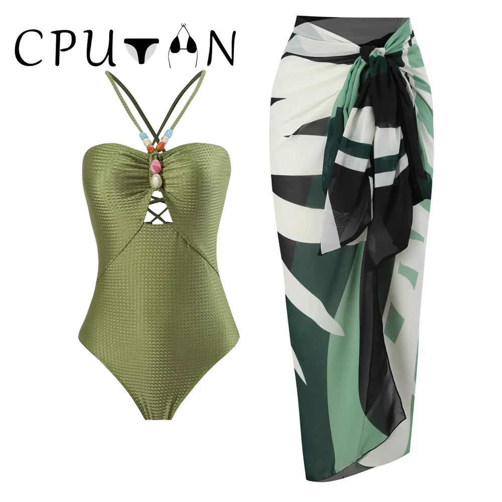 

CPUTAN 2023 New Sexy Push Up One Piece Swimwear Women Retro Print Biquini Skirt Cover Up Monokini Brazilian Swimming Suit Dress