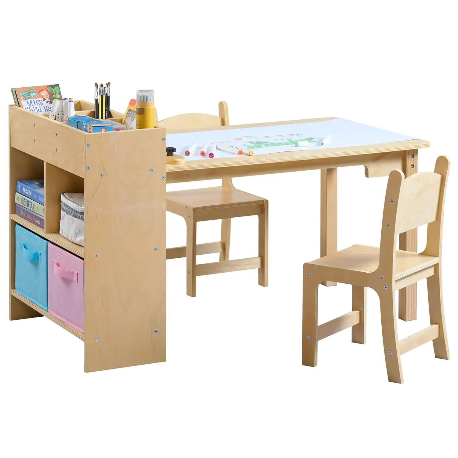 

Kids Art Table and 2 Chairs Set, Plywood Toddler Activity Craft Desk with Storage Bins for Drawing, Writing,, Customized