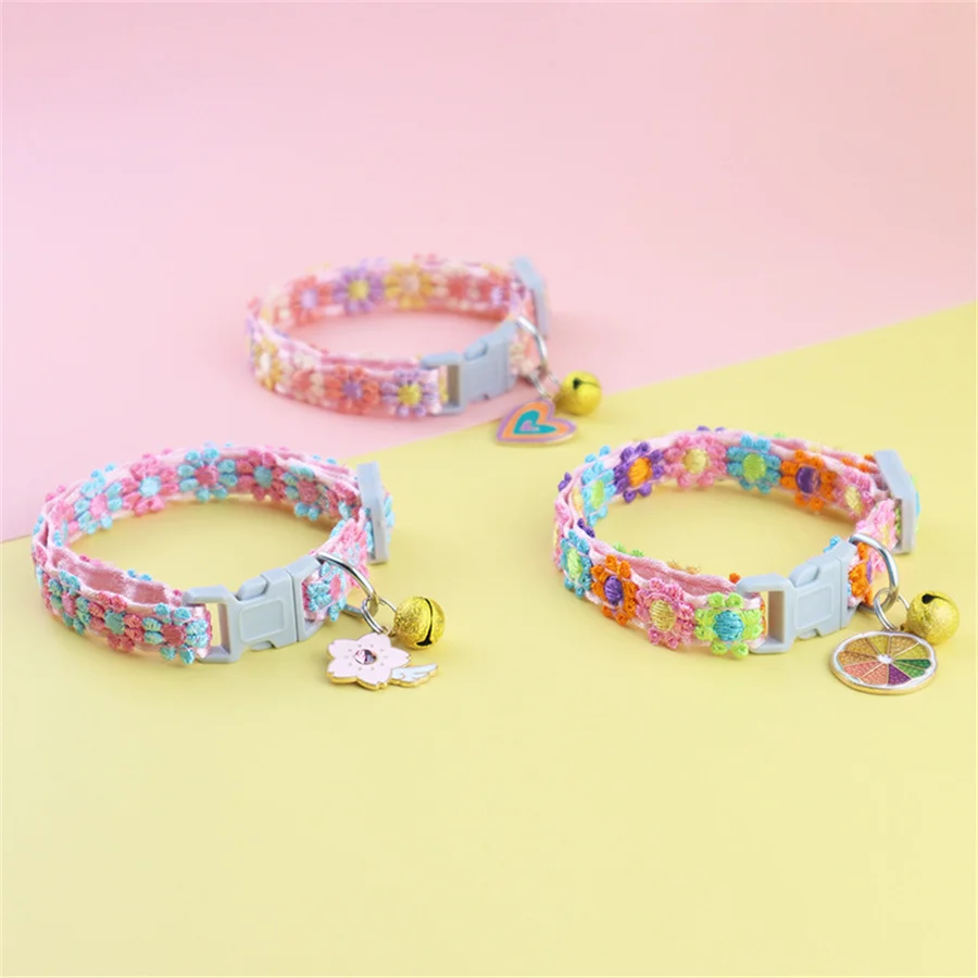 1pc Colorful Lace Cat Collar With Bell And Pendant, Flower Design Adjustable Cat Lovely Collar Pet Decoration Accessories