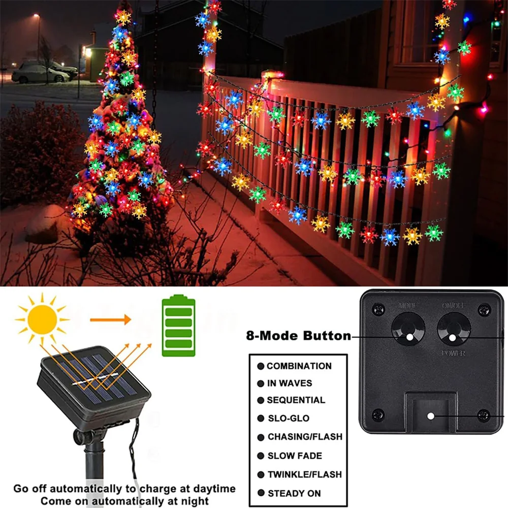 Y2K Solar Christmas Snowflake Lights Multicolor Solar Powered Christmas Lights Outdoor Waterproof LED for Christmas Tree 325