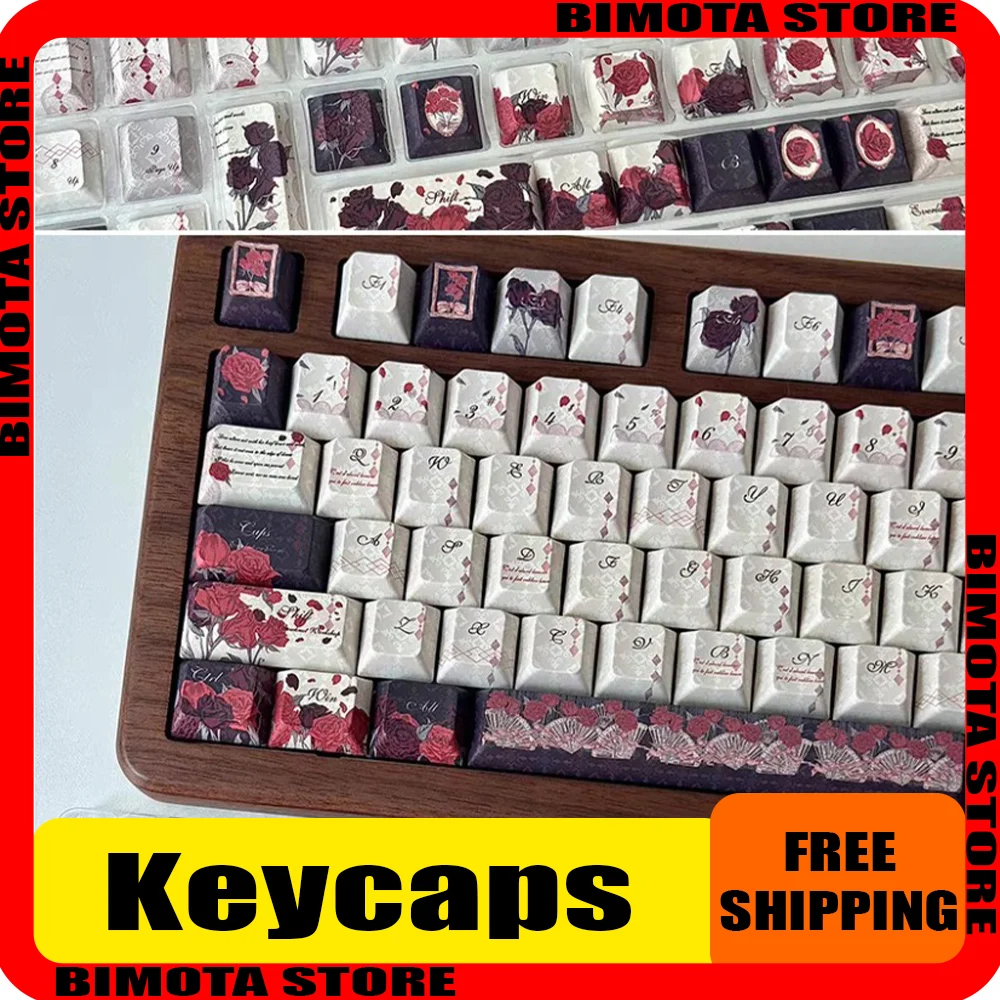 

Красные и черные колпачки для клавиш с розой, вишневый дах, термосублимация, индивидуальные колпачки для клавиатуры, аксессуары для механической клавиатуры, подарки