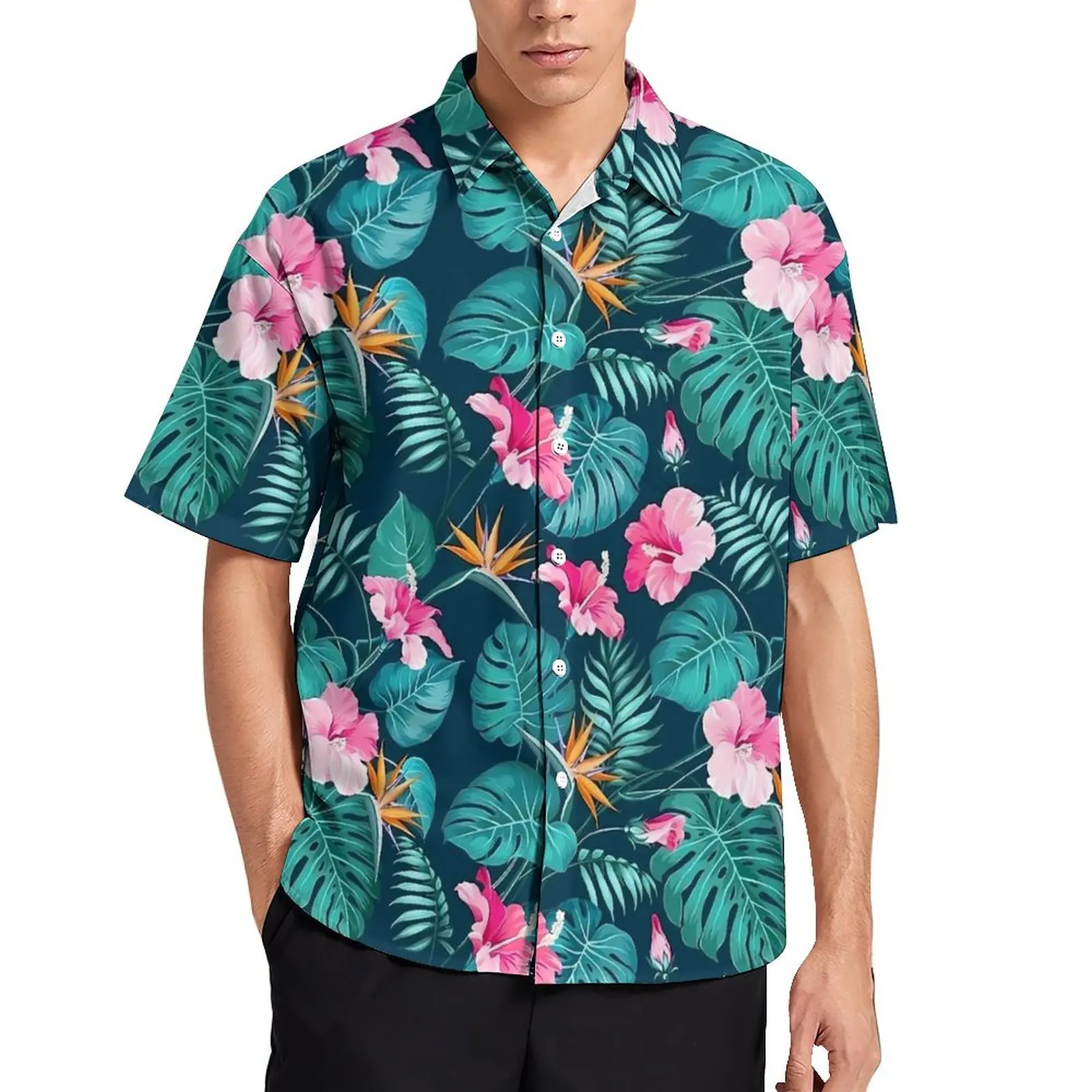 Tropical Flower Beach Shirt Pink Floral Print Hawaii Casual Shirts Men Classic Blouses Short Sleeve Korean Fashion Custom Tops