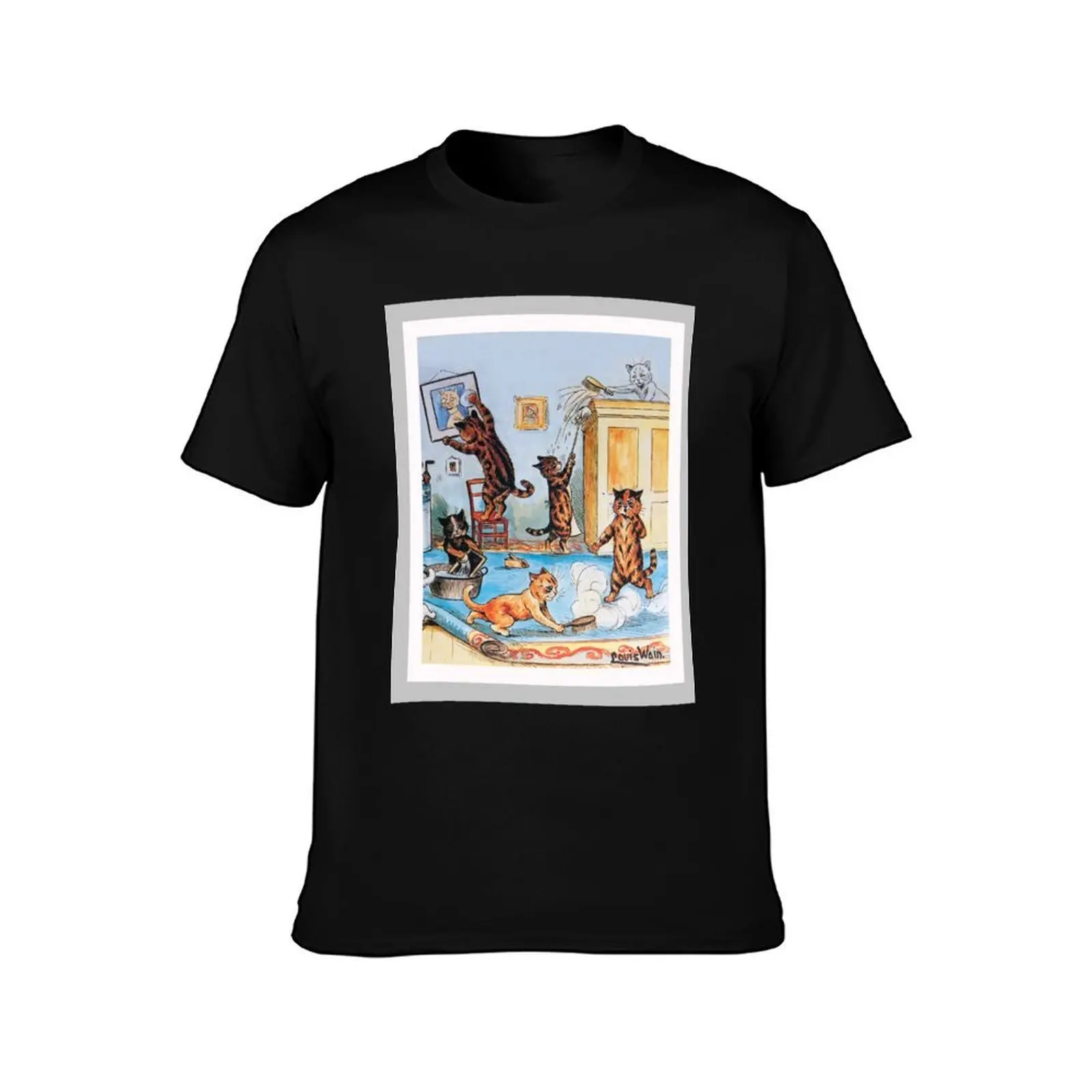 Funny Cats Cleaning Catastrophe by Louis Wain T-Shirt Summer Casual Cotton Tee Oversized Streetwear Tops Unisex Men Women