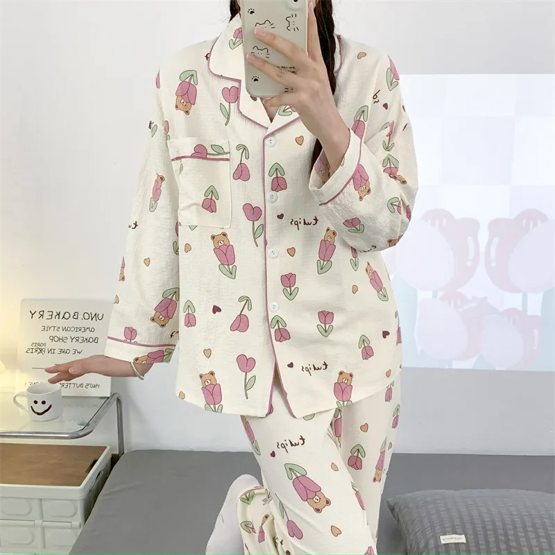 

Women Spring Autumn Pajamas Set Korean Loose Sleepwear Long Sleeve Lapel Sweet Girl Cute Cartoon Cardigan Pajamas Homewear