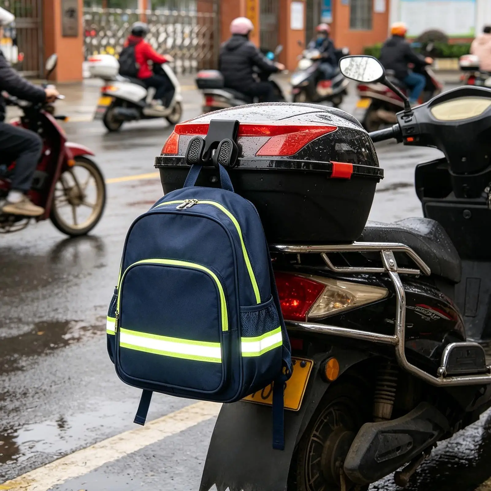 Helmet and bag hanging on double hook bracket