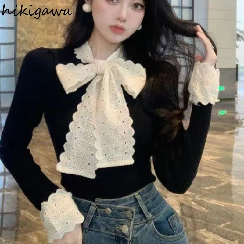 Korean Jumper Temperament Pullovers for Women's Fall Winter Clothing Bandage Bow Sweet Sweater Tops Fashion Tunic Sueter Mujer