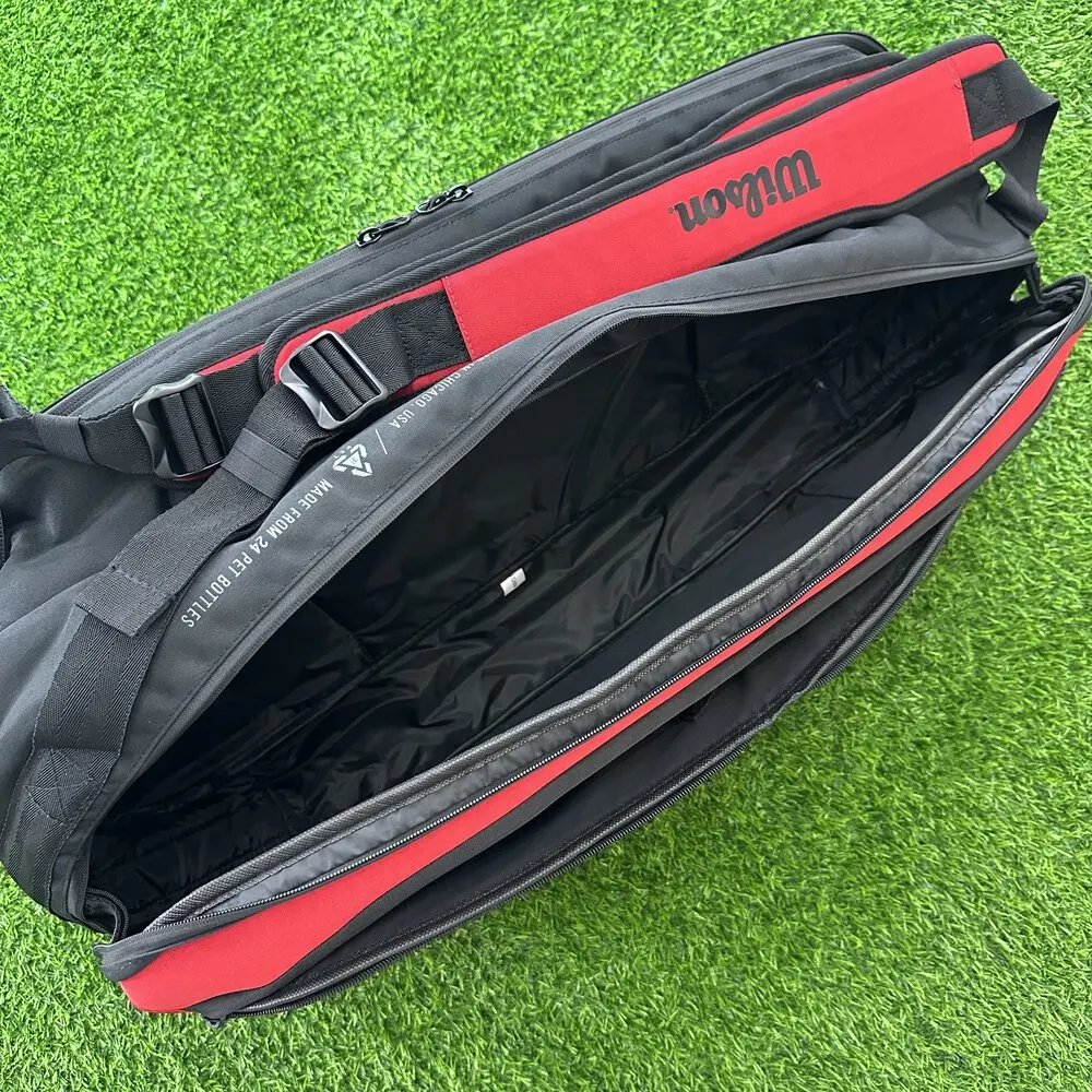 Wilson Embossed Logo Clash V2 Super Tour Tennis Bag for 9 Rackets with Thermoguard Compartment Red PET Shell Racquet Backpack
