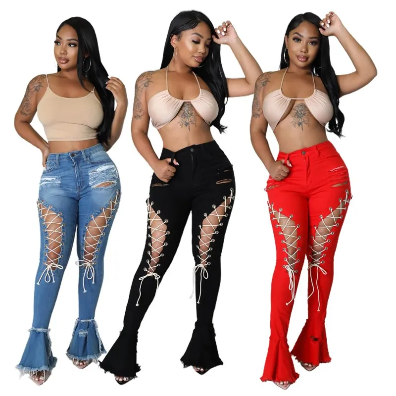 midden taille geperforeerde chien eye vloermop denim uitlopende broek dames faion hoge taille wijde pijpen jeans bla kleur