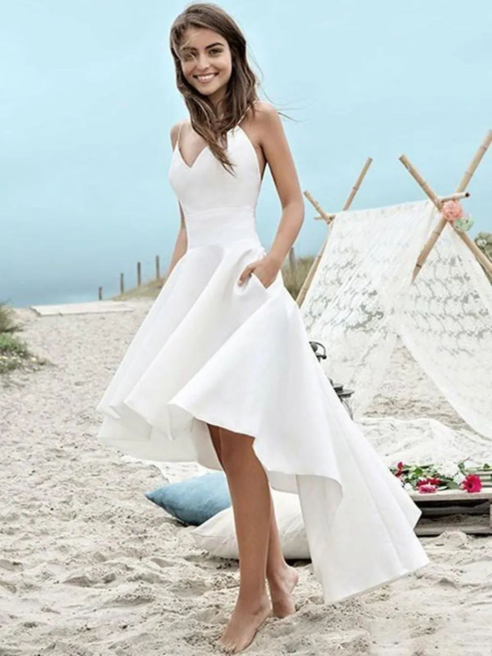 Simple Summer Beach Wedding Dresses A Line Boho Bridal High Low Backless Spaghetti Straps Holiday Gowns Robe De Mariee