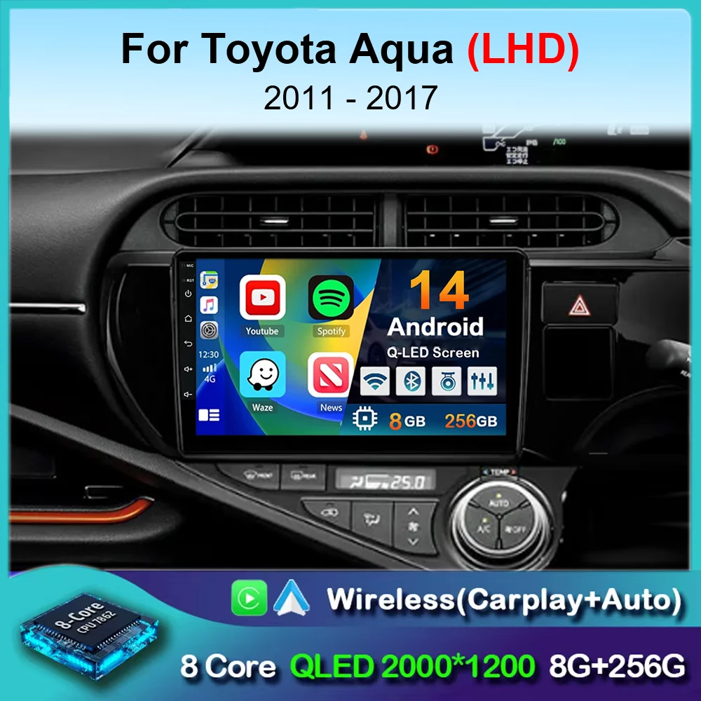 

Автомобильный радиоприемник Carplay, Android 14, 4G, Wi-Fi, для Toyota Aqua Prius C 2011-2017, GPS-навигация, мультимедийный видеоплеер, 2Din, DVD, стерео, BT