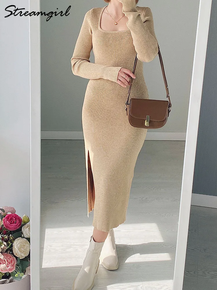 Long Sleeve Slit Dresses For Women Autumn Big Collar Skinny Purple Maxi Dress Office Women Knitted Dresses Long 2024 Khaki