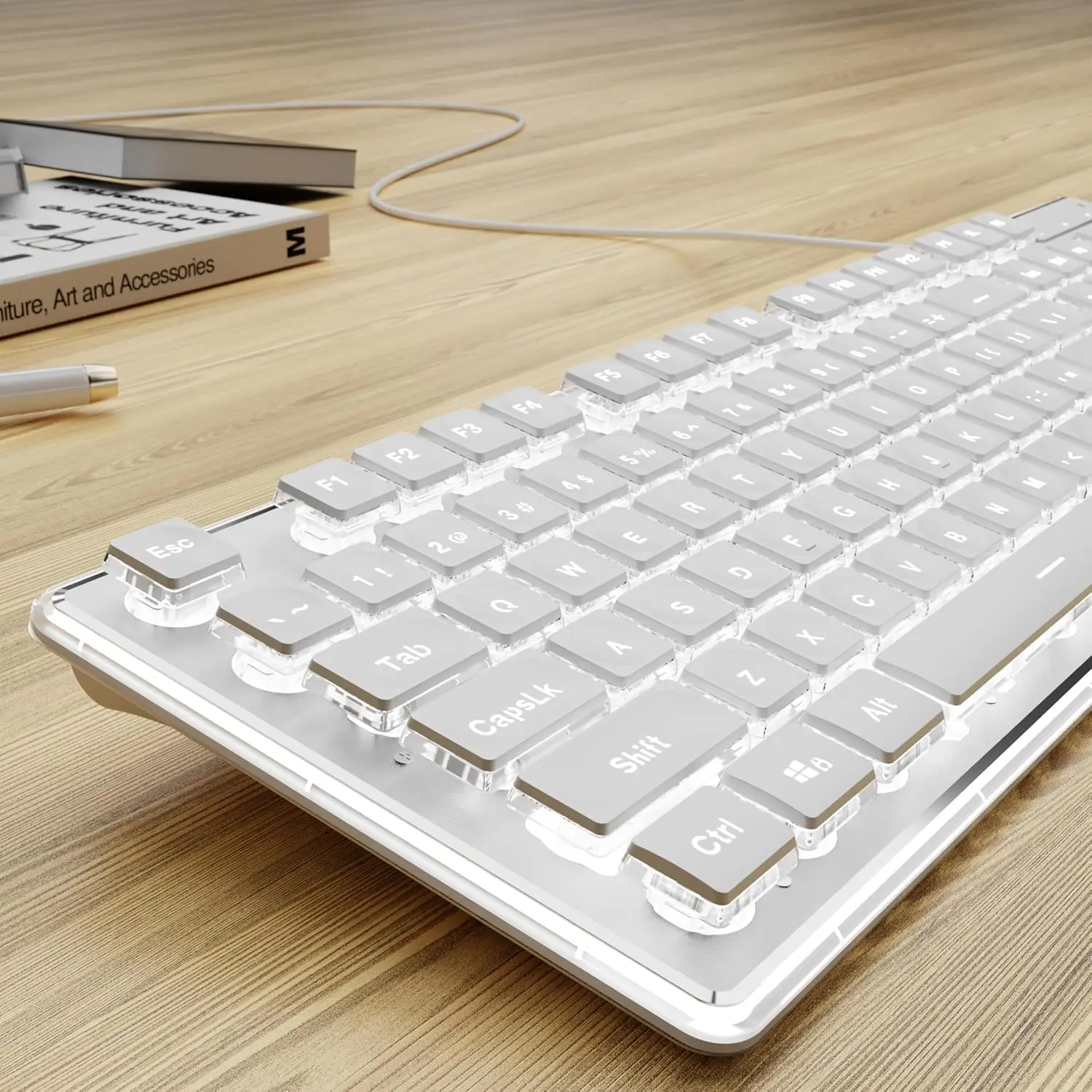 Wired USB Keyboard with White Backlit Metal Panel Pudding Keycaps Full Size Quiet Computer Keyboard for Windows PC Laptop Gamer