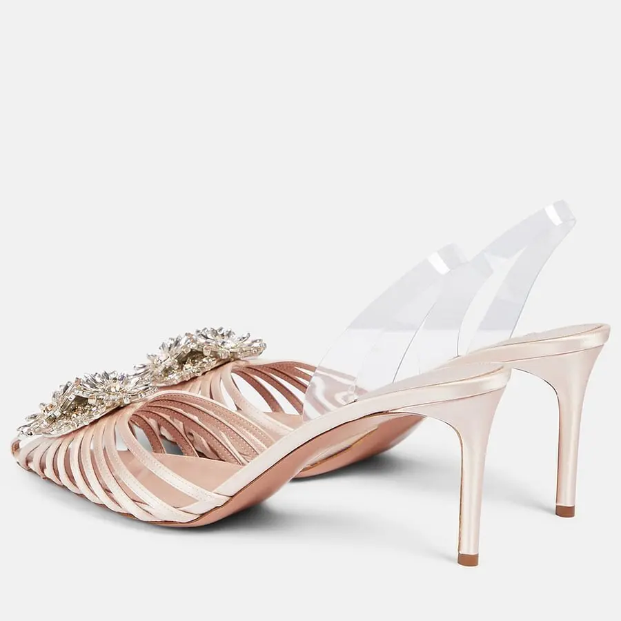 Women's Blush Satin Slingback Pumps Crystal Brooch Detail Stiletto Heel Glam Romantic Style for Bridal Events Forward Occasions