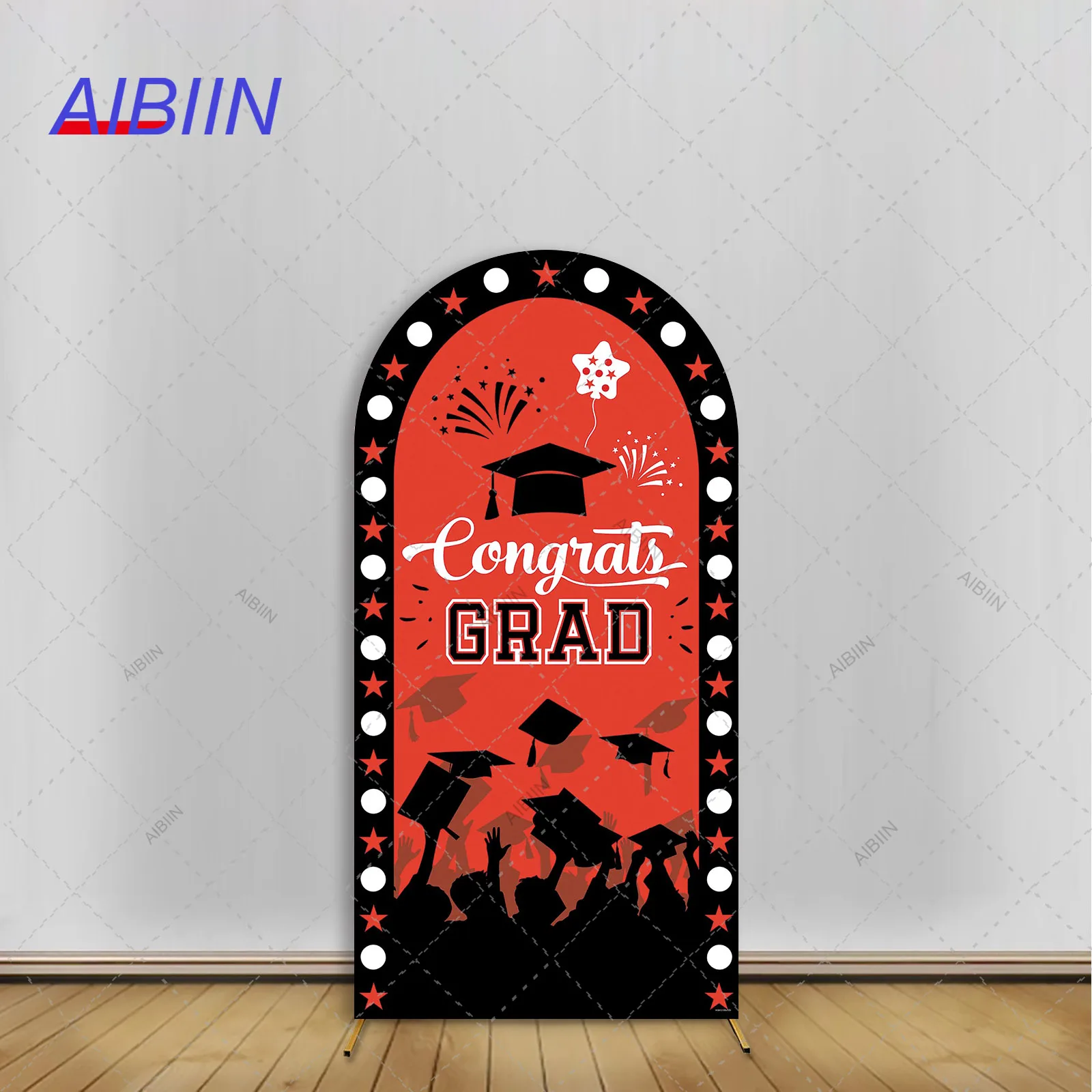 

Congrats Grad Arch Backdrop Cover Matte Red and Black Bachelor's Hat Throw Caps Graduation Party Decor Portrait Background