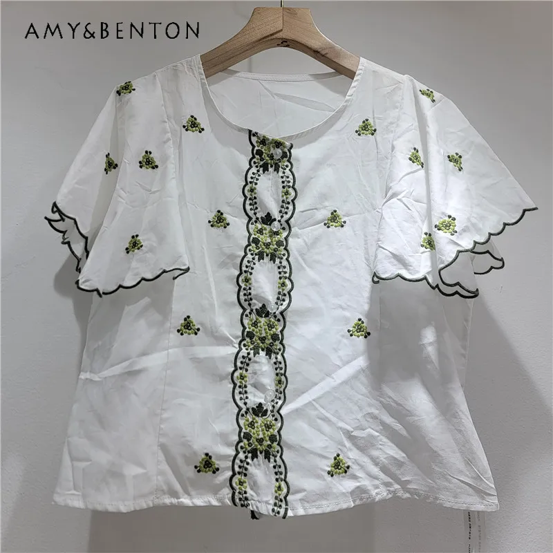 

Green Floral Embroidered White Women's Shirt 2026 Summer New Loose Short Flutter Sleeve Temperament Versatile Shirts Top Ladies