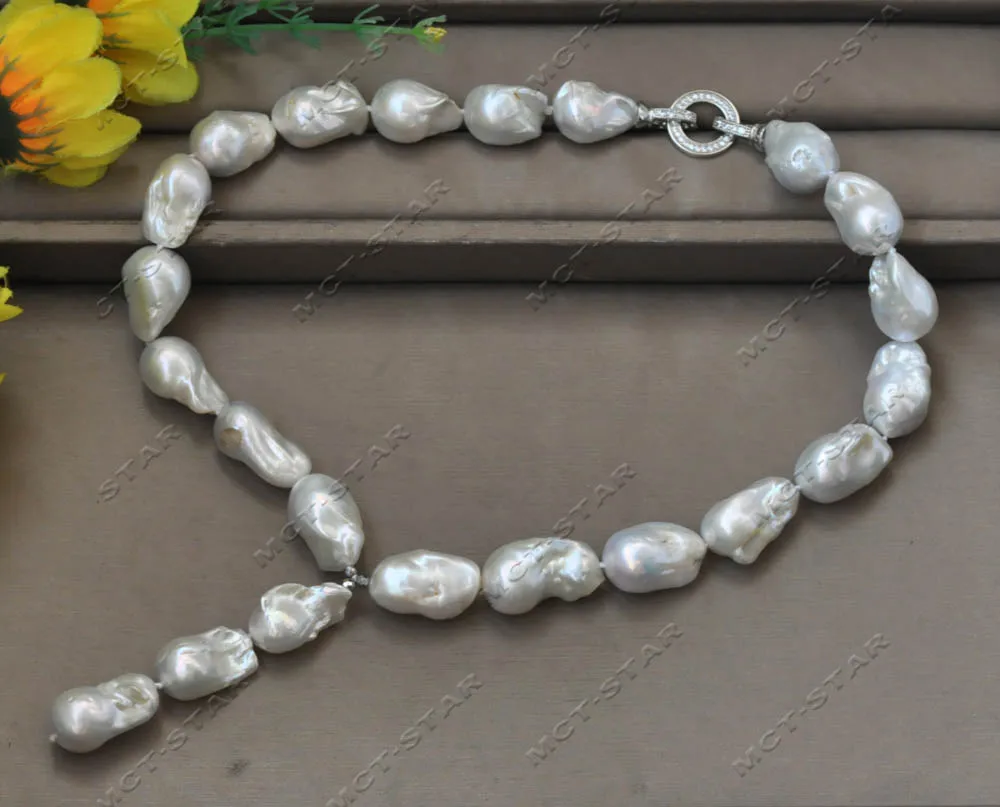 MTC·STAR 25mm White Baroque Keshi Reborn Pearl Necklace Pendant CZ 18inch (Z13020)