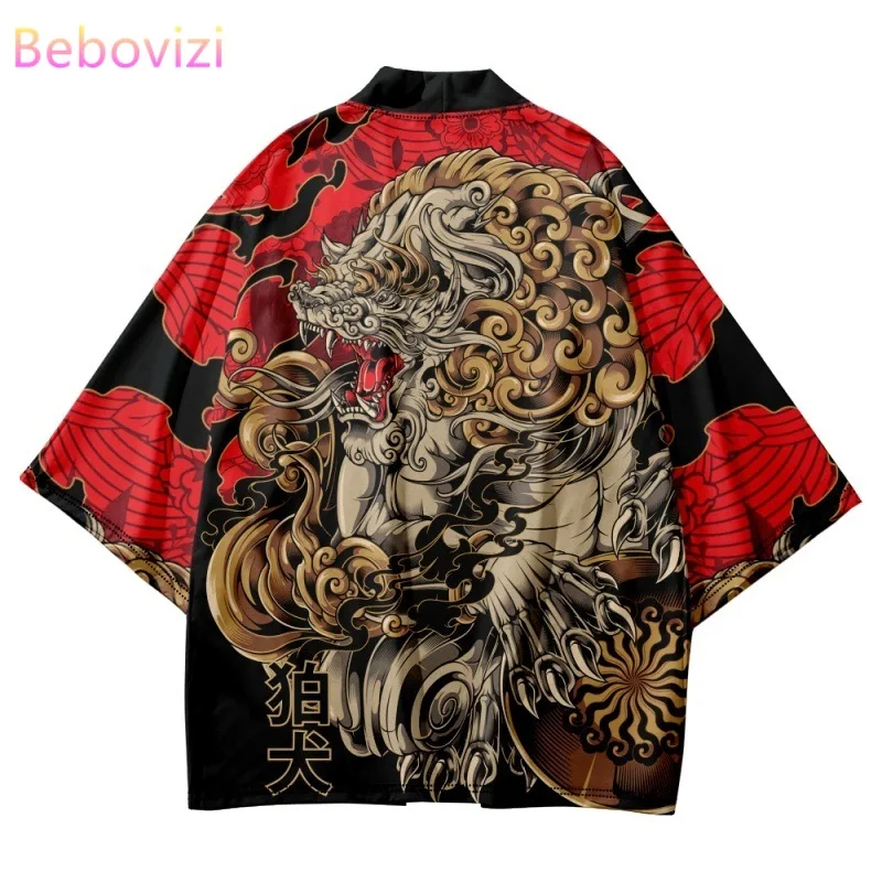 

Japanese Lion-dog Print Traditional Kimono Streetwear Cardigan Yukata Men Women Cosplay Haori Harajuku Tops Asian Clothing