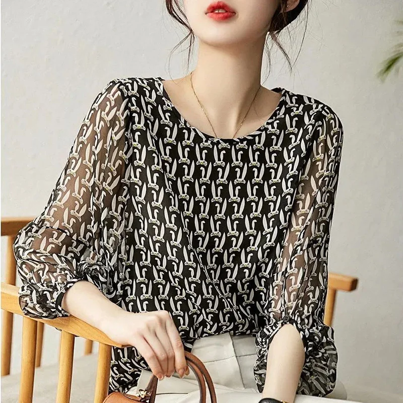 Fashion Printed Loose Folds Lantern Sleeve Blouse Women Clothing 2023 Summer New Casual Pullovers Office Lady Chiffon Shirt