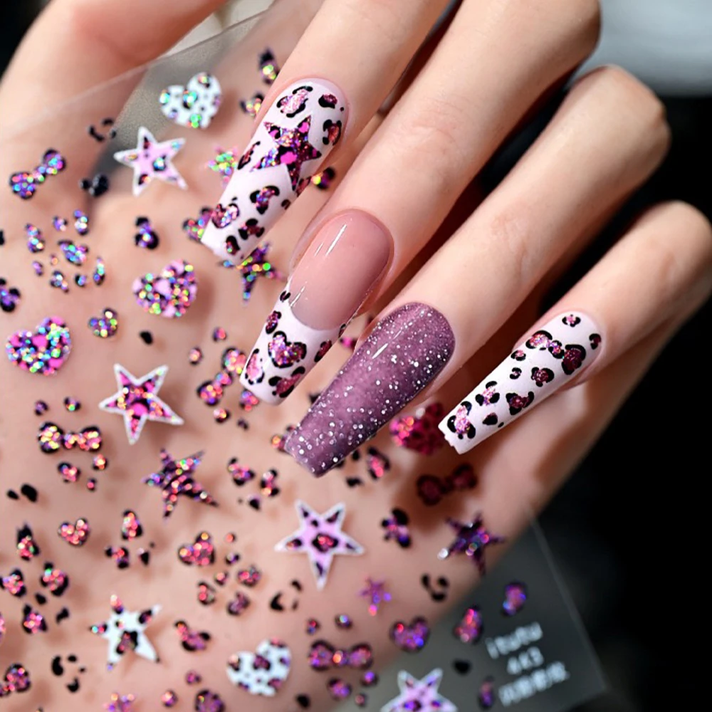 1Pcs Pink Glitter Leopard Print Love Bow Nail Decal 5D Jelly Laser Star Heart Bowknot Leopard Nail Art Sticker Y2k Sexy Nail Dec