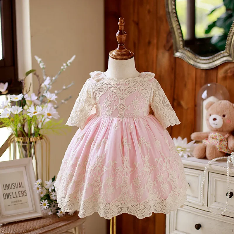 Girls\' Dresses 2023 Flower Girl Lace Dress For Kids 2 Pcs Hat Children Princess 1st Birthday Infant Elegant Ball Gowns Vestido