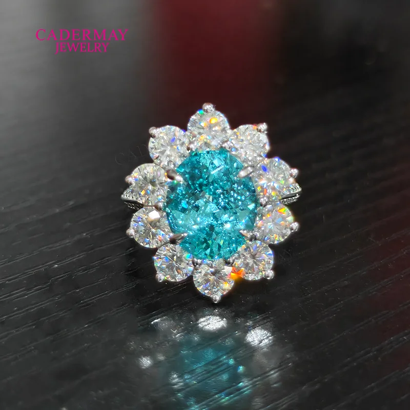Cadermay Jewelry 925 Silver 10x12mm Oval Shape Neon Blue Paraiba YAG Halo Moissanite Wedding Engagement Ring Pave For Women Gift