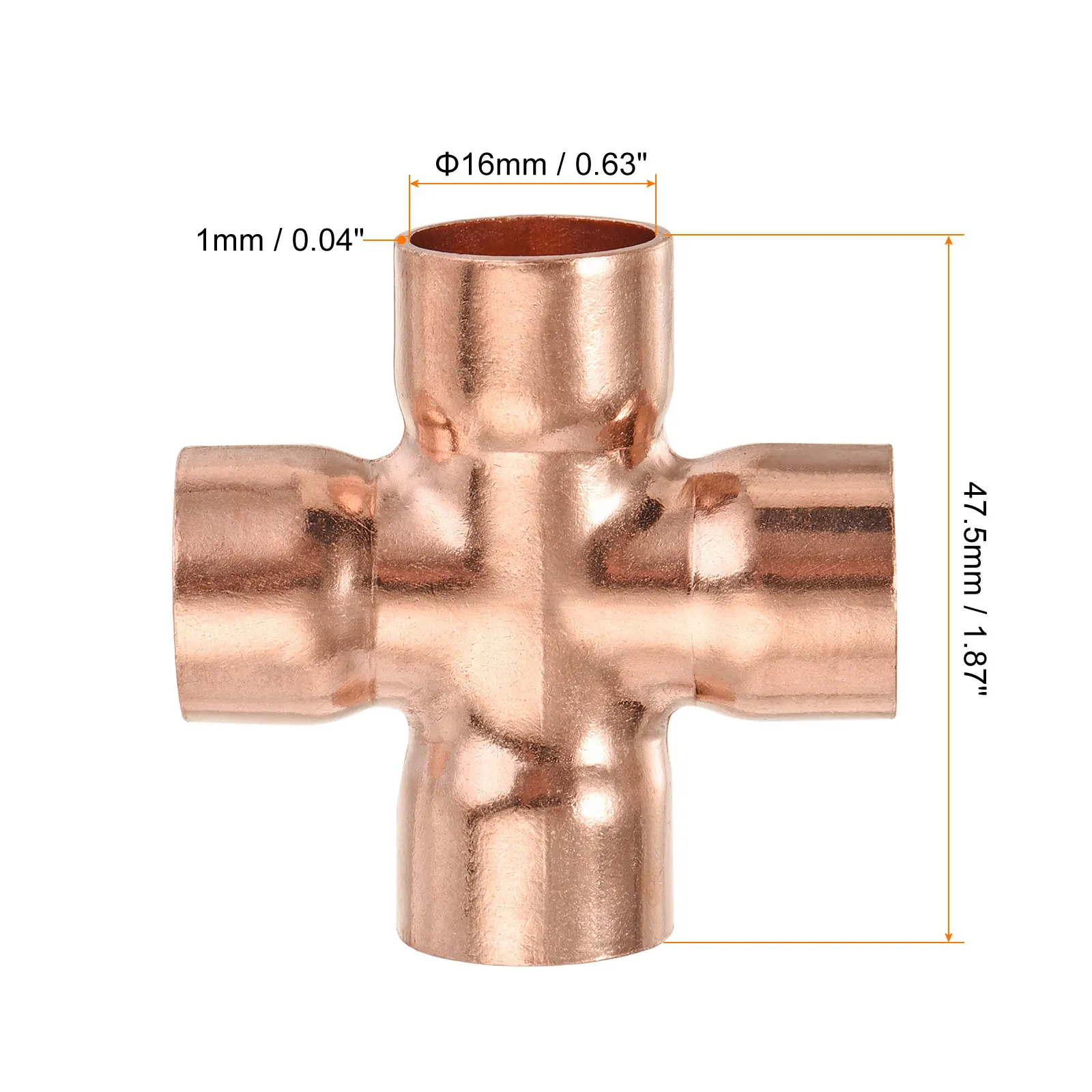 1Pcs 4 Ways Cross Copper End Feed Equal Pipe Fitting 16x1mm Air Conditioning Refrigeration Pipe Fittings Copper End Feed Solder