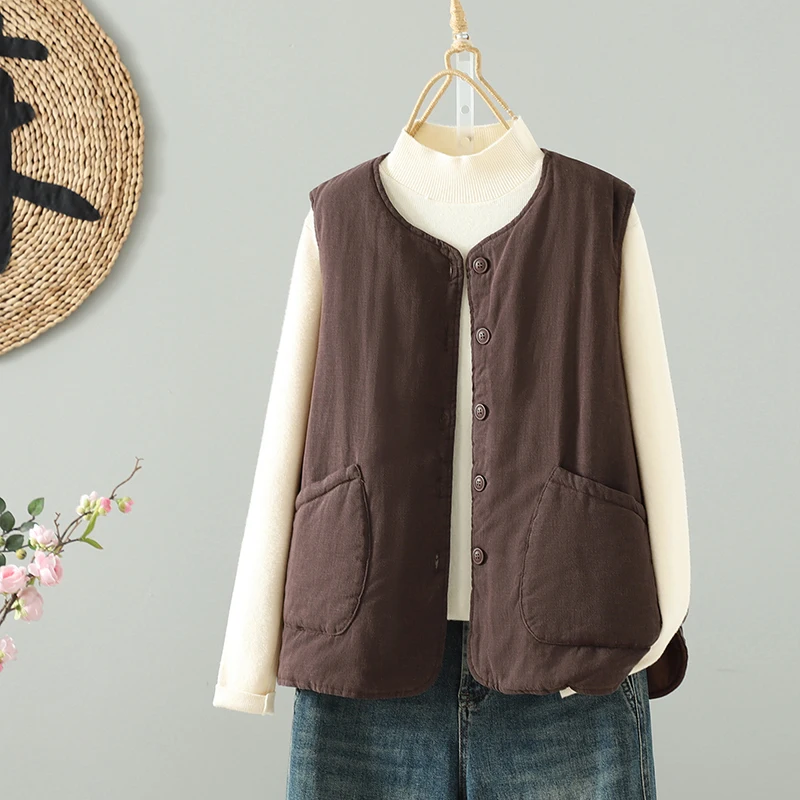 暖かい綿麻素材の秋冬ベスト、ボタン留め、スリムなアウターコート、シエンデッドラウンドネック、カジュアルで快適なトップス