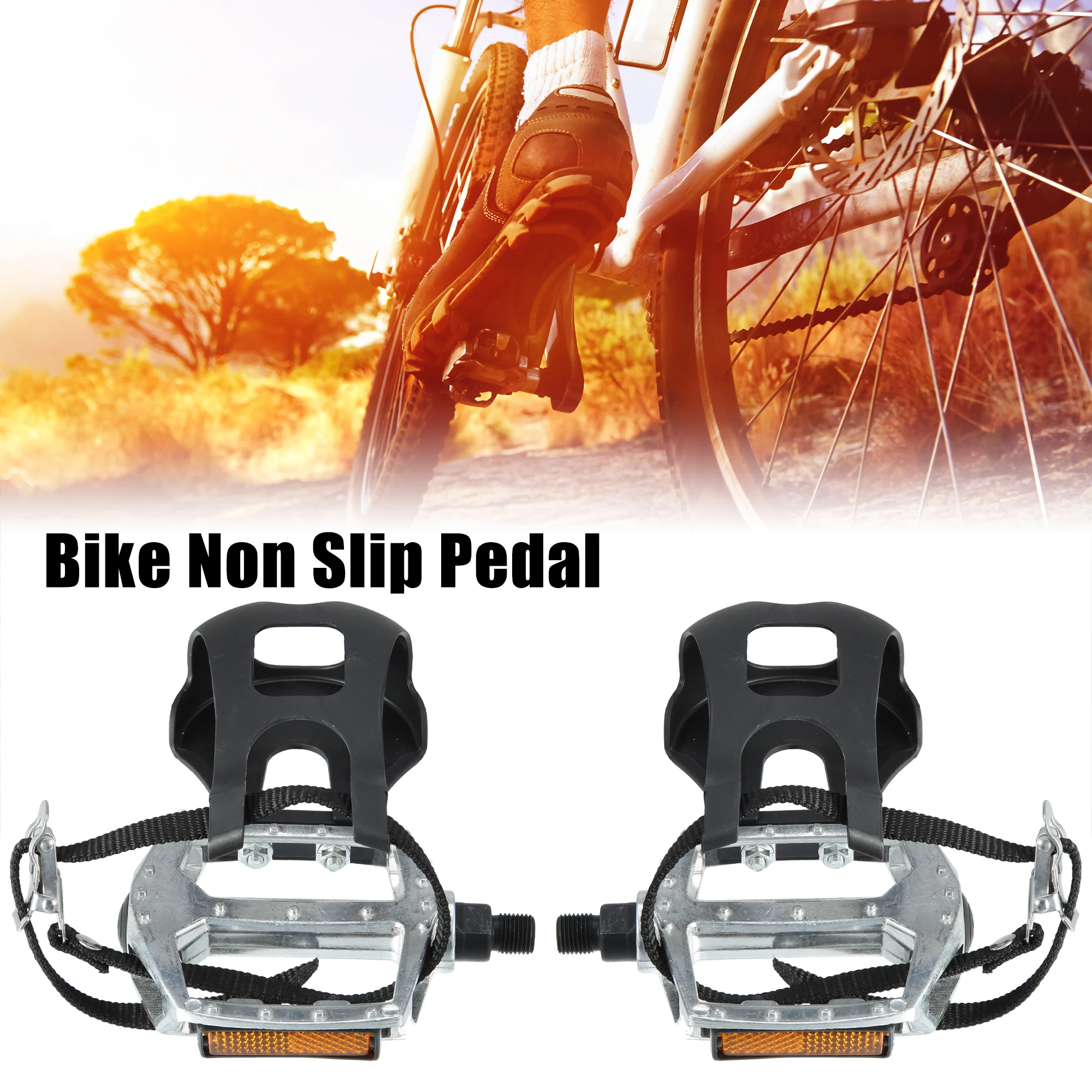 X Autohaux 1 Pair Bicycle Pedals with Toe Clips Fixed Foot Strap Black Silver Tone Cycling Parts