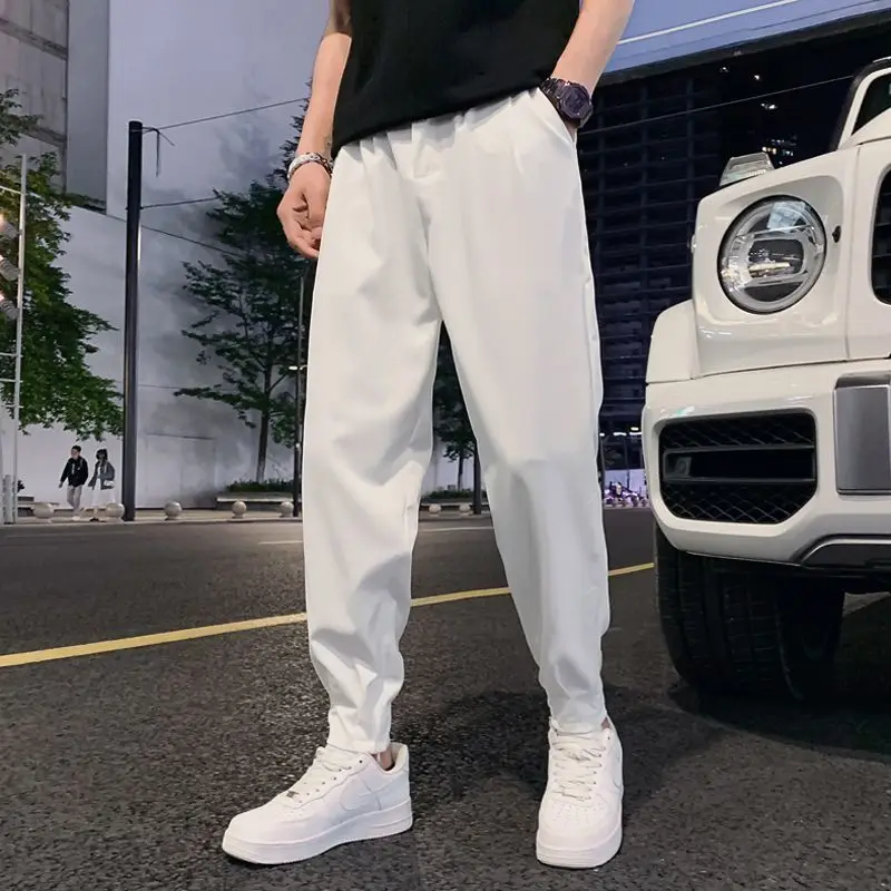 

Men Dress Suit Pants Tapered Bottom Slit Trousers Harem Pants Elastic Waist Small Feet Slim Lightweight Office Casual Pants A60