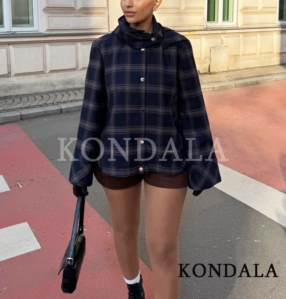 KONDALA Trendy High Street Plaid Hooded Jacket Women Loose Buttons Jacket 2026 Spring Fall Fashion Casual Commute Lady Jacket
