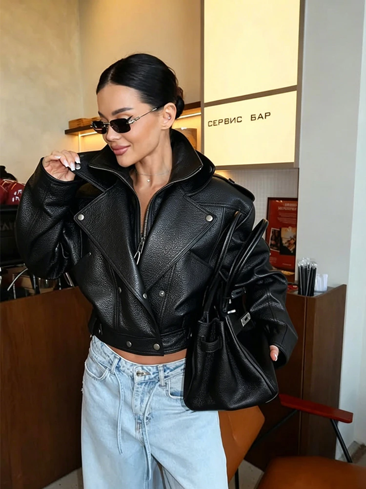 

2026 Autumn Winter Women's Cropped Faux Leather Biker Jacket Oversized Lapel Zipper Short Black PU Moto Jacket with Back Lace Up