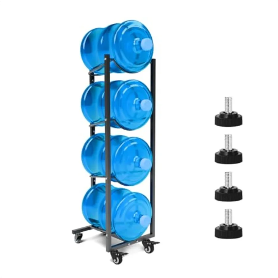 

5 Gallon Water Bottle Holder: 4 Tier 5gal Water Jug Storage Rack with 4 Wheels for Home Kitchen Garage Space Saving Black