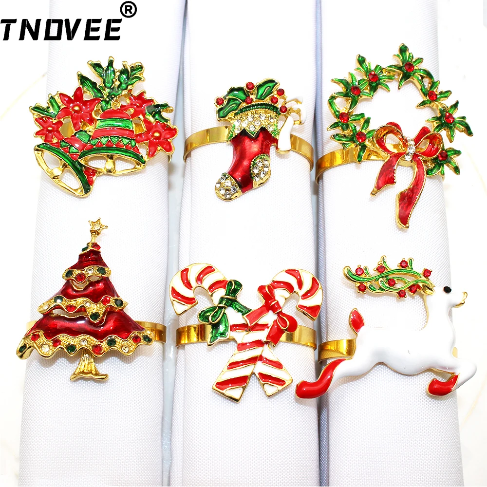 6Pcs Mixed Christmas Napkin Rings Bell Socks Tree Candy Cane Wreath Deer Napkin Rings for Wedding Thanksgiving Party Table Decor