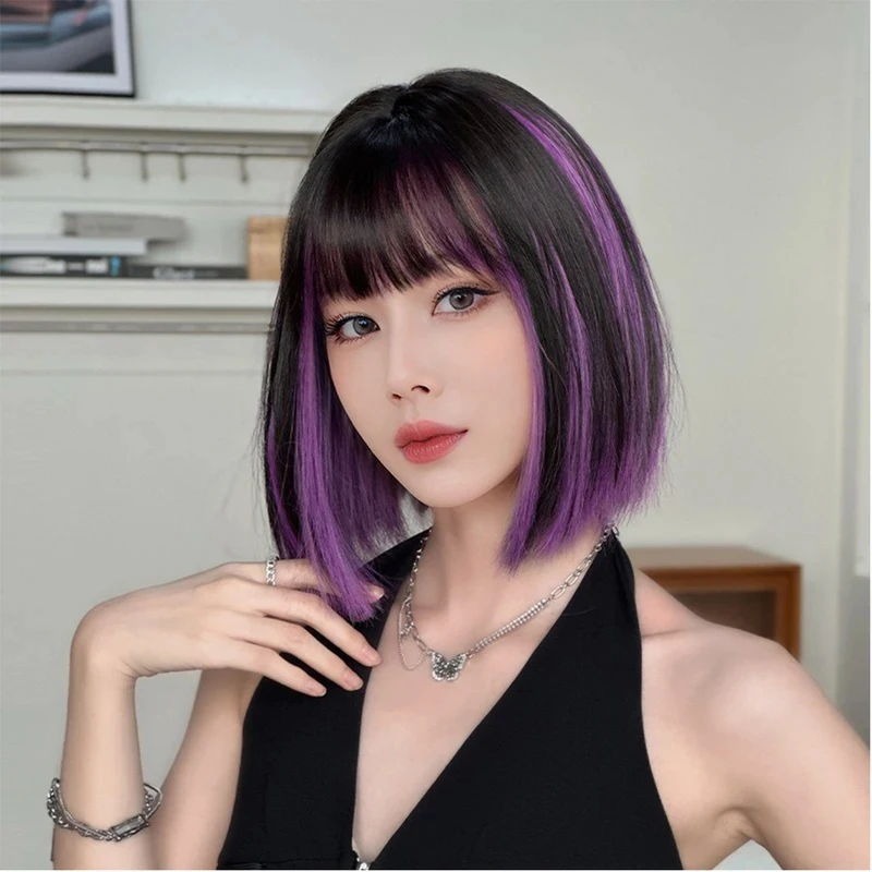 

ABC123Short Laye Blackish Purple Natural Synthetic with Bangs Bob Wigs for Women Cosplay Wig Heat Resistant Fiber 3;b,6/k'5;